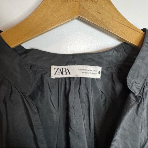 Zara Taffeta Black V-neck Long Sleeve Mini Dress Size Medium - Picture 3 of 6